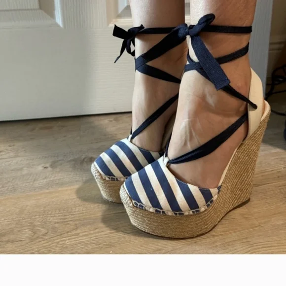 Gucci Blue and White Striped Espadrille Wedges - Picture 12 of 16